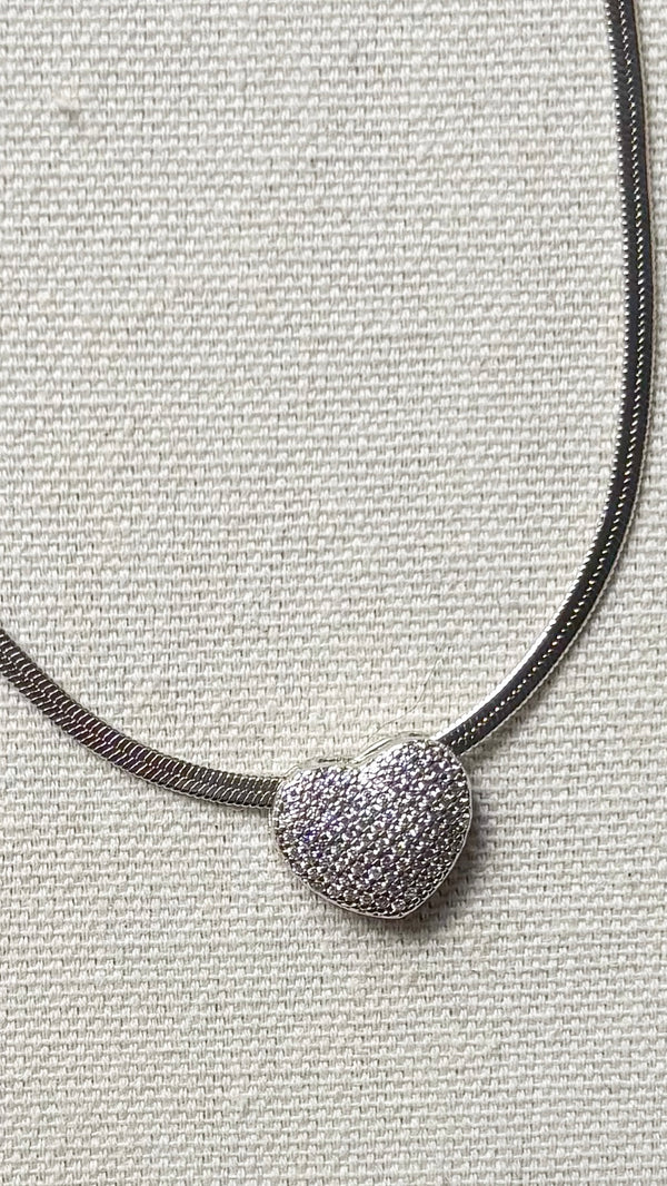 Pave Heart Silver Choker Necklace