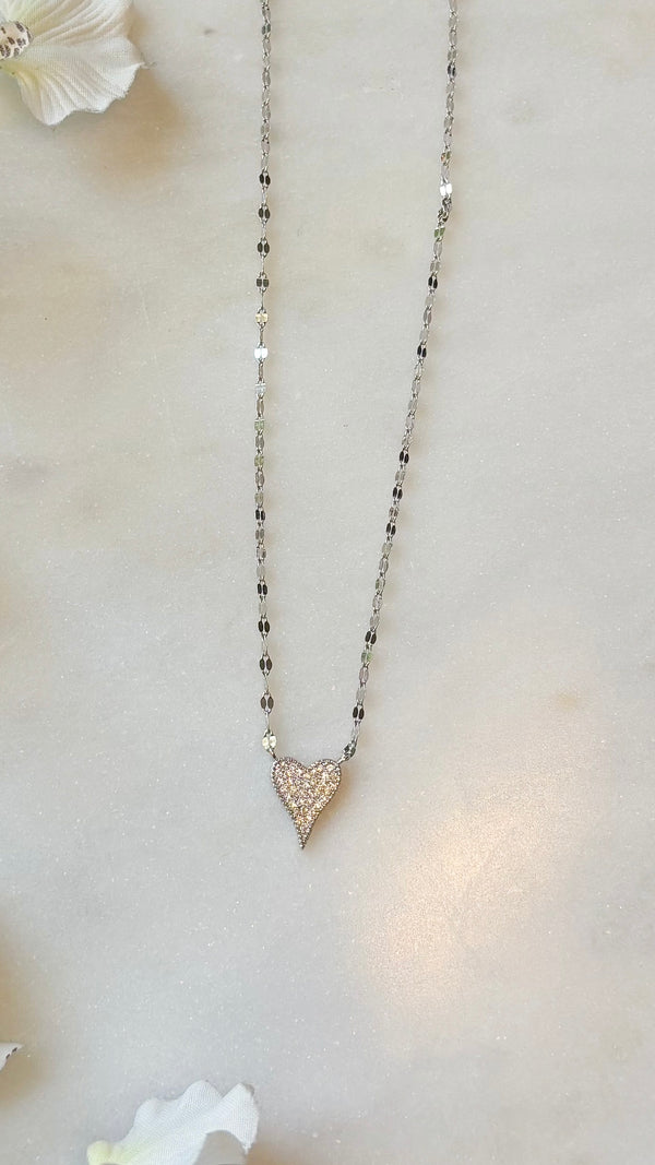 Flake Silver Pave Heart Necklace