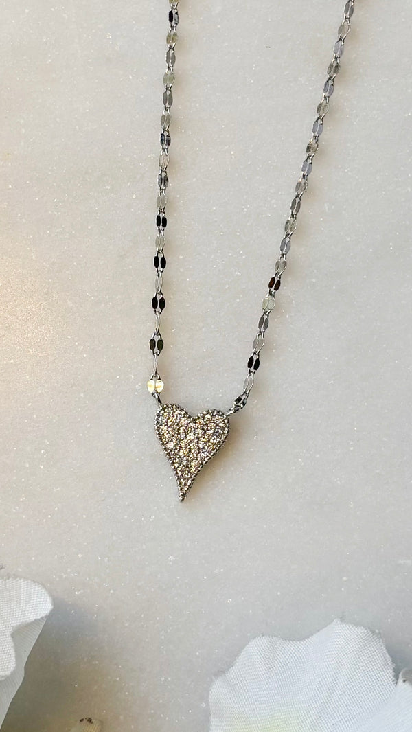 Flake Silver Pave Heart Necklace